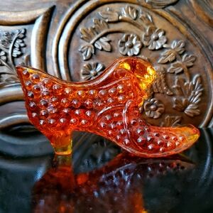 🔥Vntg Fenton Hobnail Amberina 🔥 Cat Head Art Glass Slipper Orange Red